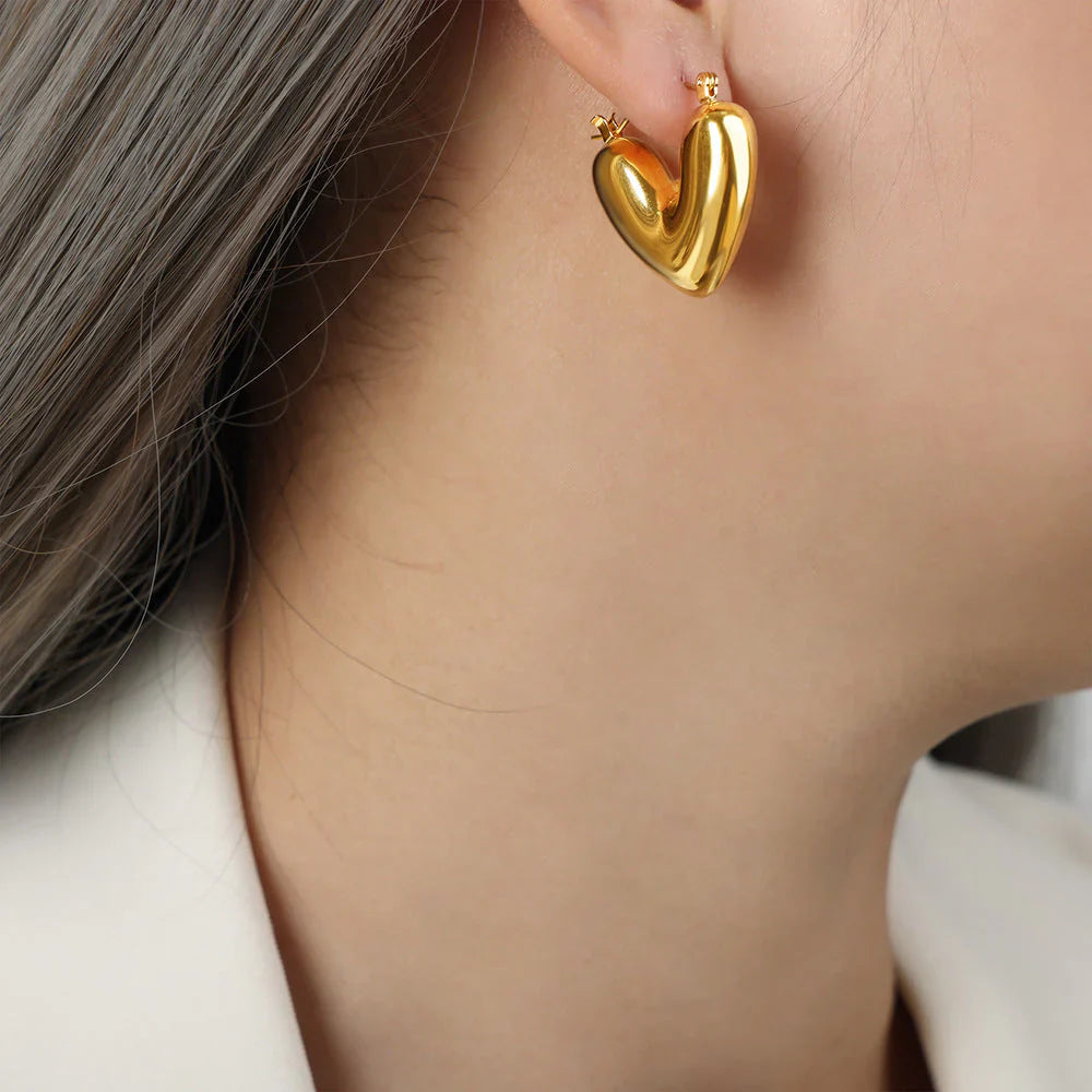 Golden Puff Heart Hoop Earrings
